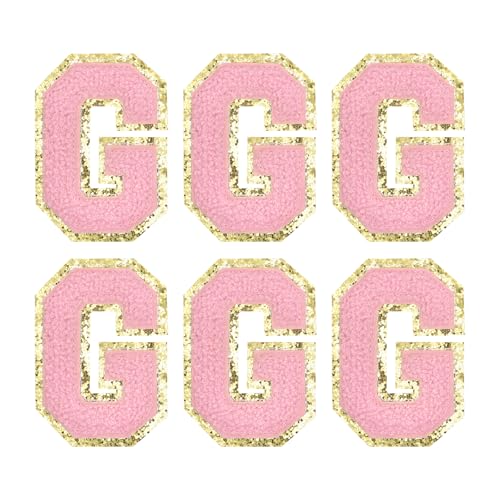MECCANIXITY Chenille Letter Patches 2.2" Self Adhesive Alphabet G Stick on Embroidered Patch Sew on Letter Stickers Applique for Repairing Clothing Jeans Shoes Hats DIY(Pink, Pack of 6) - style: Letter-G
