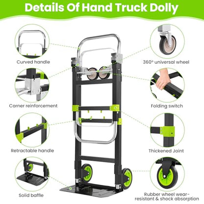 3-in-1 Folding Hand Truck, 600lb Convertible 4 to 2 Wheel Dolly Cart Green | For home office warehouse garage farm gym, carbon steel frame, base expands 35-44in, swivel rubber wheels, folds flat - color: Green