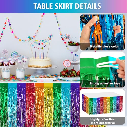 2 Pack 29.5x108 Inch Foil Tinsel Fringe Table Skirts, Disposable Table Skirts for Rectangle Tables Curtains Backdrop Parade Wedding Floats Baby Shower Party (Rainbow Colors) - color: Rainbow Colors