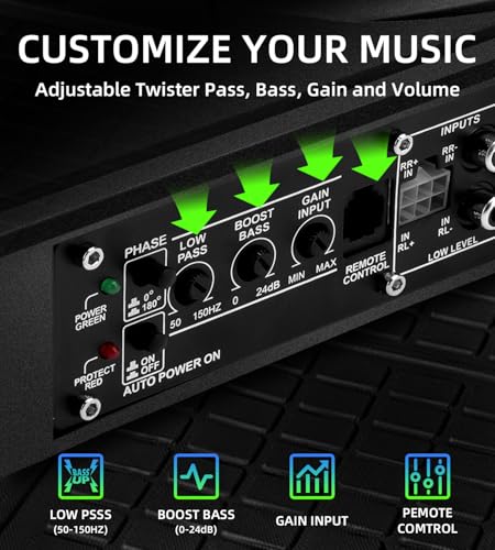 2026 Upgraded 10" 1600W Slim Under Seat Car Subwoofer with Built-in Amp & LED Ambient Lights - Low Profile Bass Sub for Car Audio Individual Controls (LPF/Gain/Bass Boost) High Output Distortion-Free - color: Green XZ