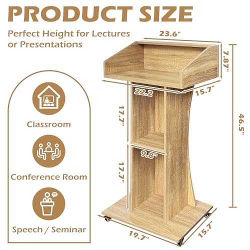 Podium Stand with Lockable Wheels,47"H Wooden Podium for Classroom, Mobile Pulpit Lectern with 3 Storage Shelves for Church, Office,Conference Room (White Oak) - color: White Oak