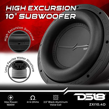 DS18 ZXI10.4D 10 Inches High Excursion Car Audio Subwoofer 1600W Watts Dual Voice Coil 4-Ohm 4 Magnets (1 Speaker), Black - style: ZXI10.4D