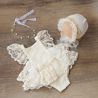 Zeroest Baby Girls Photography Lace Outfits & Props | Newborn Girl Photo Shoot Set with Romper, Headbands, Infant Photoshoot Prop - color: Floral White