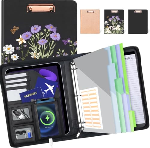 Clipboard with Storage for Men Women, Leather Padfolio Portfolio with Zipper, 1 Inch 3 Ring Binder 5 Dividers, Notepad for Letter Size, Elastic Closure and Pen Loop, Card Slot Black Flower - color: Black Weed