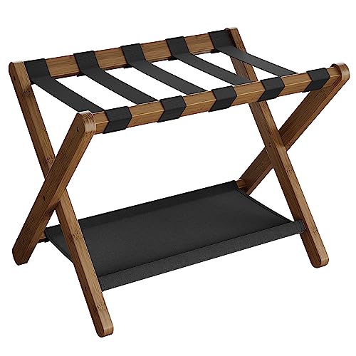SONGMICS Bamboo Luggage Rack, Folding Suitcase Stand, with Storage Shelf - color: Walnut Brown, size: 1 Pack