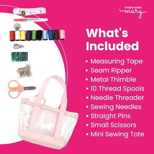 Everything Mary Travel Sewing Kit Organizer – Pink & Clear Mini Sewing Supplies Case for Adults & Kids – Compact Sewing Box with Clear PVC Body for On-the-Go Repairs