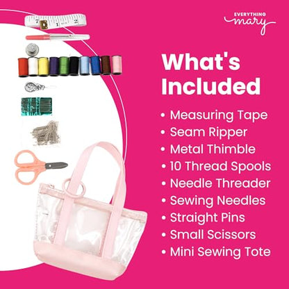 Everything Mary Travel Sewing Kit Organizer – Pink & Clear Mini Sewing Supplies Case for Adults & Kids – Compact Sewing Box with Clear PVC Body for On-the-Go Repairs