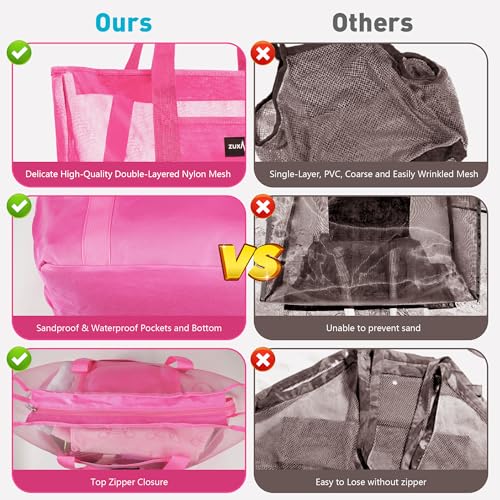 Mesh Beach Bag - Large Waterproof Beach Tote Bag with Zipper | Oversized Foldable Lightweight Family Swim Bag Vacation - color: Rose Red