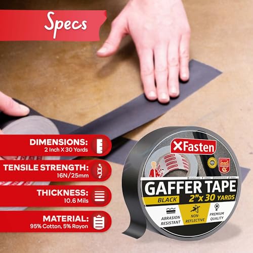 XFasten Black Gaffers 테이프 5.1cm(2인치) x 30야드(90피트) 잔여물 없는 매트 블랙 개퍼 테이프 5.1cm(2인치) 무반사 찢기 쉬운 바닥 테이프, 전기 코드용 - color: 블랙., size: 2 inch x 30 yards