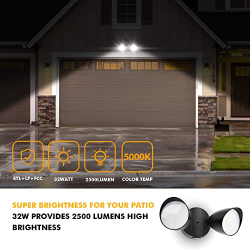 UME 2-Packs 2500 Lumen 32 Watt 28 LED Dual-Head Floodlight Outdoor, Full Metal Design, Waterproof Exterior Security Wall Light 5000K for Patio, Garden, Yard-Black - color: Black