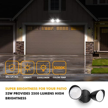 UME 2-Packs 2500 Lumen 32 Watt 28 LED Dual-Head Floodlight Outdoor, Full Metal Design, Waterproof Exterior Security Wall Light 5000K for Patio, Garden, Yard-Black - color: Black