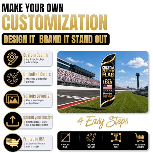 Custom Feather Flag by BCB Print, Personalized Swooper Flag with Photo, Text or Logo, 11.5x2.5 FT Single-Sided HD Print, Optional Add-On 15 FT Pole Kit & Ground Spike, Made in USA, Fast Delivery - color: Feather Flag +/– Ground Spike Kit