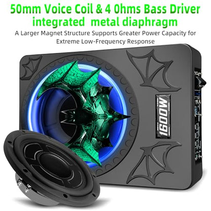 1600W Car Subwoofer, 10" Ultra-Thin Powered Under-Seat Subs with Built-in Amplifier, (LPF/Gain/Bass Boost) LED Ambient Lights, Independent Bass Knob, Distortion-Free Deep Bass for Most Vehicles - color: Green BF
