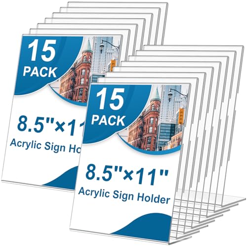 15 Pack Acrylic Sign Holder 8.5 x 11, L-Shape Clear Plastic Display Stand for Tabletop, Acrylic Stands for Flyers, Table Paper Holder, Vertical Sign Holder 8.5x11 for Restaurants, Office and School(Slant 15 Pack 8.5x11) - size: Slant 15 Pack 8.5x11