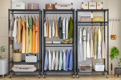 Heavy Duty Rolling Garment Rack, 3 Tiers Wire Shelves Adjustable Freestanding Portable Rolling Clothing Rack with Lockable Wheels, 35.4''L x 15.8''W x 78.8''H, Max Load 420LBS | Wire Adjustable Garment Rack for Hanging Clothes with 2 Hanger Rods, 35.4''L
