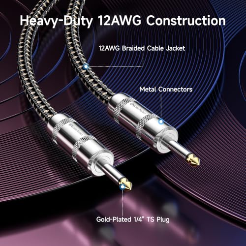 Cable Matters 2-Pack Braided 12 AWG 1/4 Inch Speaker Cable, 6ft | Premium, 6.35mm TS Connector, 12 AWG Oxygen-Free Copper, Braided Jacket, Pro Audio Speaker Connection - size: 6 ft