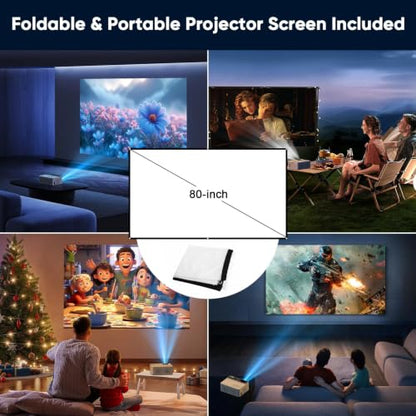 TMY 1080P Mini Portable Projector, 2-way Bluetooth, with 80in Screen | 1080P home theater, indoor/outdoor movies, Compatible with TV Stick/Roku/Phone/PC/PS/DVD/HDMI/USB - style: with Projector Screen