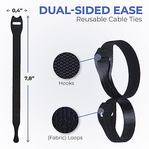 Starument Hook and Loop Cable Ties (8 x 1/2 inch, 100-pack), Premium Industrial Grade and Reusable Fastening Cord Straps for Home, Office and Outdoors, Black