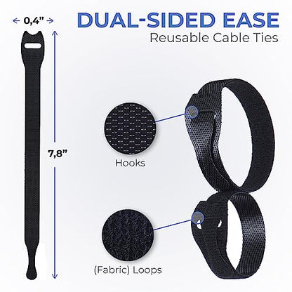 Starument Hook and Loop Cable Ties (8 x 1/2 inch, 100-pack), Premium Industrial Grade and Reusable Fastening Cord Straps for Home, Office and Outdoors, Black