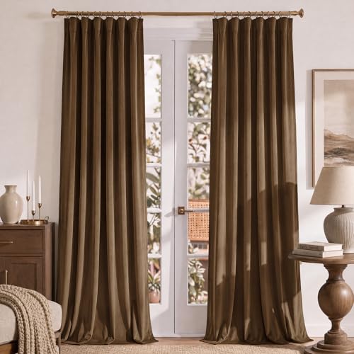 RYB HOME Brown Velvet Blackout Curtains 84 inches Long for Bedroom | Thermal Insulated, Room Darkening, UV Privacy Block, With Hook Belt, Back Tab, Living Dining Room, W52 x L84, 2 Panels - color: Brown, size: 52"W x 84"L (Pack of 2)