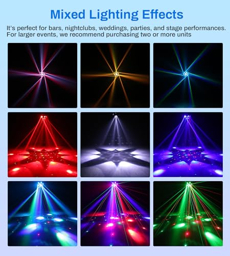Moving Head DJ Lights for Parties, Pro Metal Look, 150W RGBW 4-in-1 LED | 6 Arms rotation, DMX-512 & sound activation & remote control, sharp beam, strobe, laser lights for stage disco bar wedding