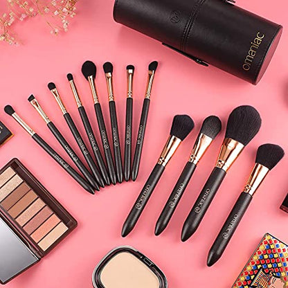 OMANIAC Makeup Brush Set Professional, 12 Pearlescent Wood Handle Makeup Brushes, Premium Cruelty-Free Synthetic Fiber Hair, Travel Make up Brushes Set with Case (Black). (Pack of 2) - color: Rose Gold and Black, size: 12pcs (Pack of 2)