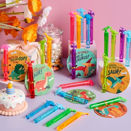 JOYIN 32 Packs Valentine's Day Gift Cards with Mini Bubble Wands for Kids, Valentine's Party Favor, Classroom Exchange Gift for Kids, Holiday Reward Prizes - style: Dinosaur