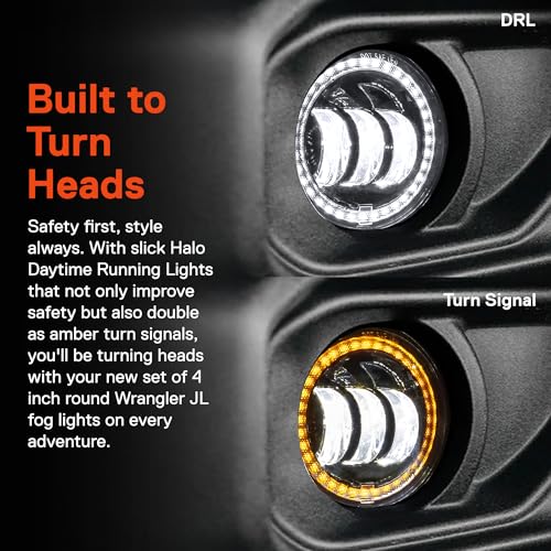 TRUE MODS 60W 4 Inch LED Fog Lights for 2018-2026 Jeep Wrangler JL Sport - size: JL/JT Plastic Sport Bumper, style: Halo + Turn Signal | White