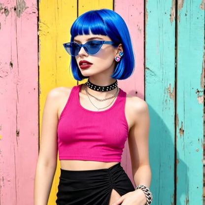 Short Bob Straight Hair Wigs with Bangs, Heat Resistant Fiber Hair, Cat Eye Glasses for Women (Blue) - color: Blue