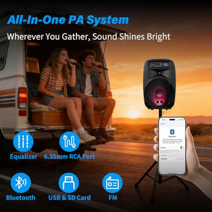 PRORECK Party 15 Portable 15-Inch 2000 Watt 2-Way Powered PA Speaker System Combo Set with Bluetooth/USB/SD Card/FM/Remote Control/LED Light for Indoor, Outdoor DJ Parties, Karaoke