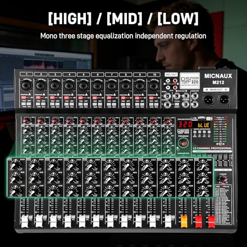 Audio Mixer 12 Channel Professional Sound Console Music Mixer with 320 DSP Effects, 7-band EQ DJ Mixing Board w/USB, Bluetooth, 48V Power Supply, PAD Button for Recording Karaoke PA Drum Live - size: 12 Channel - 17.4in