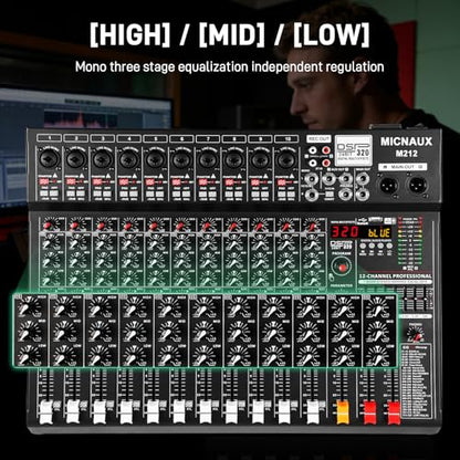 Audio Mixer 12 Channel Professional Sound Console Music Mixer with 320 DSP Effects, 7-band EQ DJ Mixing Board w/USB, Bluetooth, 48V Power Supply, PAD Button for Recording Karaoke PA Drum Live - size: 12 Channel - 17.4in