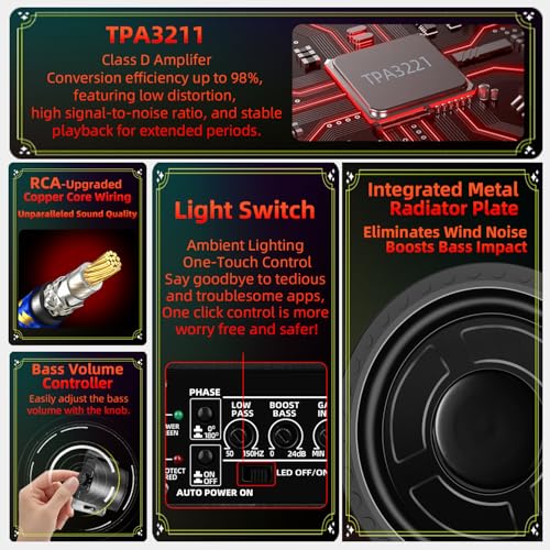 1600W 10" Slim Under Seat Subwoofers with Built-in Amp | LED Ambient Light, Deep Bass, Individual Controls (LPF/Gain/Bass Boost), High Output Distortion-Free Audio, Suitable for All Vehicle Models - color: Red BF