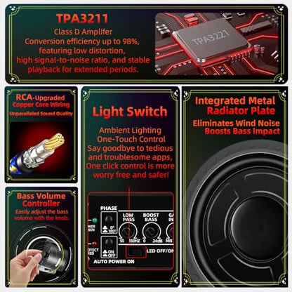 1600W 10" Slim Under Seat Subwoofers with Built-in Amp | LED Ambient Light, Deep Bass, Individual Controls (LPF/Gain/Bass Boost), High Output Distortion-Free Audio, Suitable for All Vehicle Models - color: Red BF