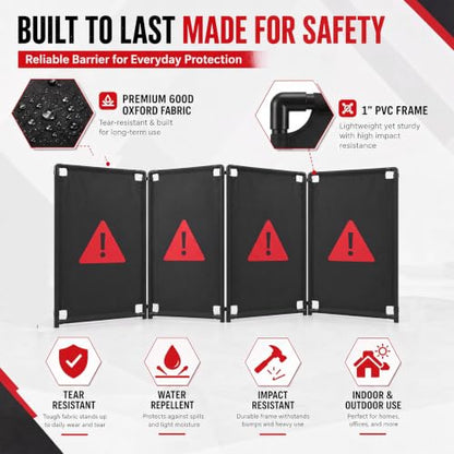 Sintuff 4 Panels 7.8ft Safety Barricade, Foldable Portable Privacy Screen, 39 x 92" Heavy-Duty PVC Frame with Black Oxford, Warning Sign Barrier for Crowd Control and Restricted Areas Traffic Fence