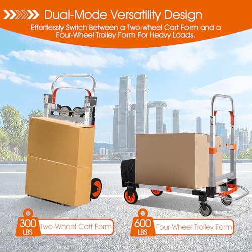 3 in 1 Folding Hand Truck Dolly Cart with Wheels Foldable Heavy Duty Moving Cart Aluminum Collapsible Hand Cart 600LBS Convertible Dolly for Moving Furniture Shopping Home Office Warehouse