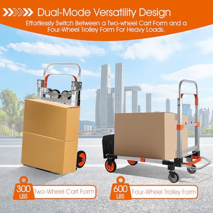 3 in 1 Folding Hand Truck Dolly Cart with Wheels Foldable Heavy Duty Moving Cart Aluminum Collapsible Hand Cart 600LBS Convertible Dolly for Moving Furniture Shopping Home Office Warehouse