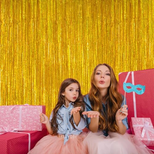 PIGETALE 2 Pack 3.2ft x 8.2ft Gold Metallic Foil Curtains | Laser Glitter Fringe Curtain Photo Booth Backdrop Tinsel Curtain Streamer Birthday Wedding Christmas Event Party Supplies - color: Gold
