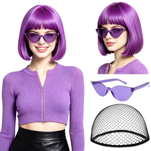 Short Bob Straight Hair Wigs with Bangs, Heat Resistant Fiber Hair, Cat Eye Glasses for Women (Purple-Red) - color: Purple-Red