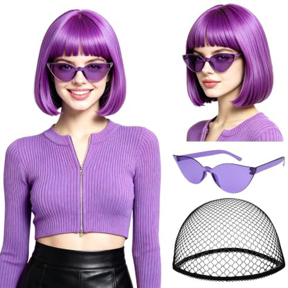 Short Bob Straight Hair Wigs with Bangs, Heat Resistant Fiber Hair, Cat Eye Glasses for Women (Purple-Red) - color: Purple-Red