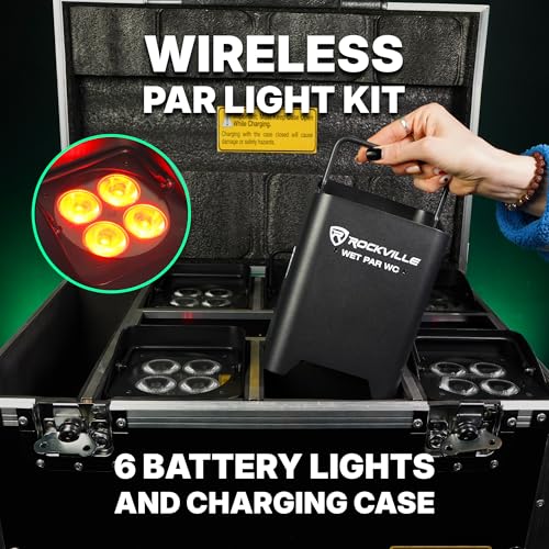Rockville Wet PAR WC Package Black 18W RGBWA+UV Par Wash Lights, Wireless Charging Case, IP65 Water-Resistant, App-Controlled, for DJ Events and Venues (6 Lights) | 10-12 Hour Battery, IP65 Waterproof, RGBWA+UV, Wireless DMX, App Control, 6 IR Remotes, Tr