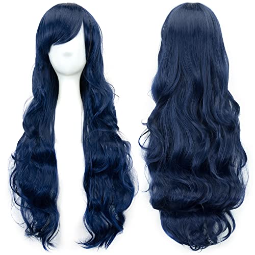 IMISSU 80cm Long Curly Natural Hair Cosplay Wig with Bangs Colorful Halloween Costume Party Wigs for Women (Dark Blue) - color: Dark Blue