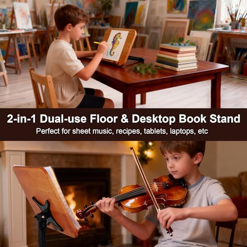 2-in-1 Dual-use Floor & Desktop Music Stand, Adjustable 16.5"-51" Book Stand, Solid Wood Sheet Music Holder, Floor Book Stand with Elastic Page Clip for Cookbooks, Laptop (Natural Wood with Wheel) - color: Natural Wood With Wheel
