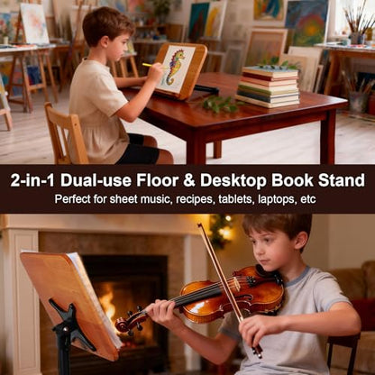 2-in-1 Dual-use Floor & Desktop Music Stand, Adjustable 16.5"-51" Book Stand, Solid Wood Sheet Music Holder, Floor Book Stand with Elastic Page Clip for Cookbooks, Laptop (Natural Wood with Wheel) - color: Natural Wood With Wheel