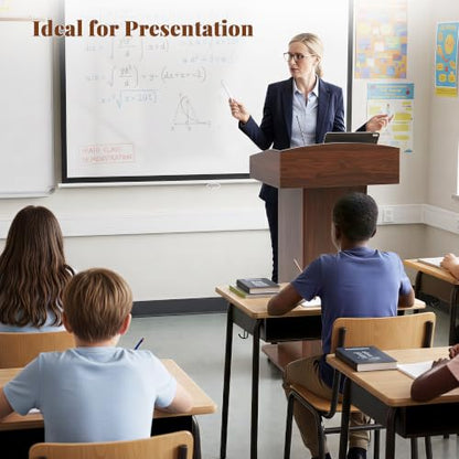 Portable Podium Stand with Metal Wheels Wooden Rolling Lectern Podiums Mobile Pulpit with Drawer Host Stand Reception Desk for Church Office Classroom Conference Restaurant, Brown - color: Brown