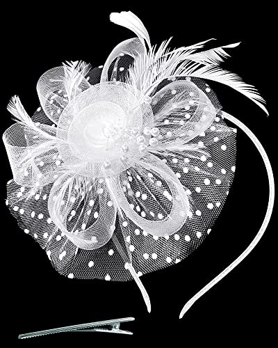 Fascinator Tea Party Hat Women 20s 50s Wedding Cocktail Flower Mesh Feathers Hair Clip for Carnival Halloween - color: A-white
