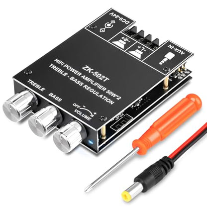 Daakro ZK-502T Bluetooth Amplifier Board,50W+50W 2.0 Channel Amp Board with Treble and Bass Control,DC 12-24V, Bluetooth and AUX Inputs, Audio Amp Board for Home DIY Wireless Speakers, Password Free - color: ZK-502T