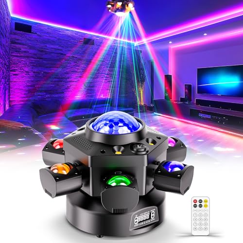 6-Arm Moving Head DJ Lights, 150W RGBW 4-in-1 Stage Lights with Kaleidoscope Magic Ball Effect, Starry Laser Effects, White/Golden Strobe, 540° Rotation, DMX512 Sound Activated Remote for Disco DJ Bar