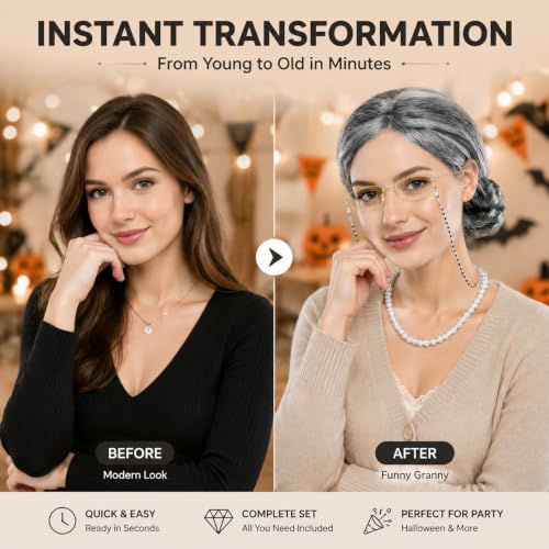 MAQIHAN Grandma Wig Costume Set - Gray Bun Wig with Cap and Glasses - color: Grey02