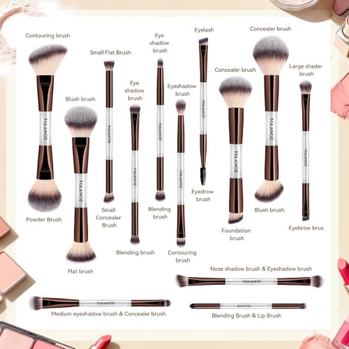 MAANGE 13 Pcs Foundation Makeup Brush Set With Bag, Make up Brushes, Double-End Multi Functional Makeup Brushes, Professional Face Brush Set Tools For Liquid Powder Concealer Cream Blush (White) - color: White
